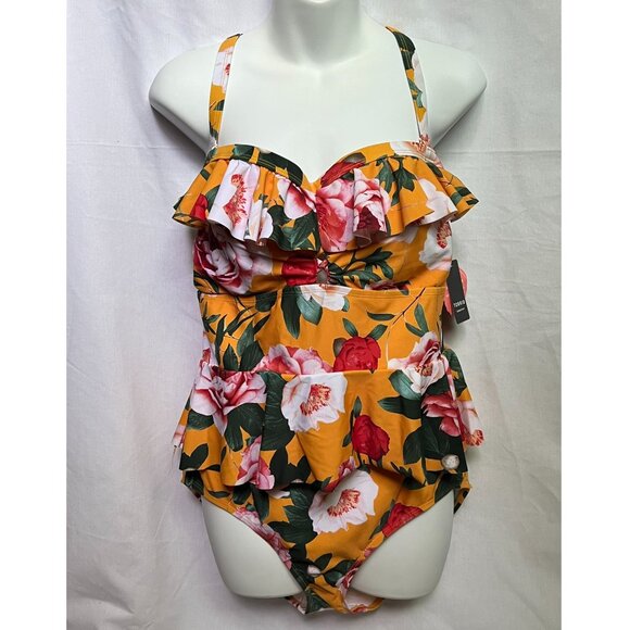 Torrid Ruffled Peplum Swimsuit in Goldenrod Floral - Picture 2 of 10